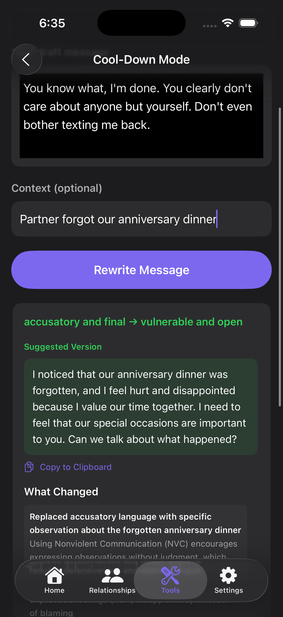 RelAI Cool-Down Mode - Rewrite angry messages using Nonviolent Communication
